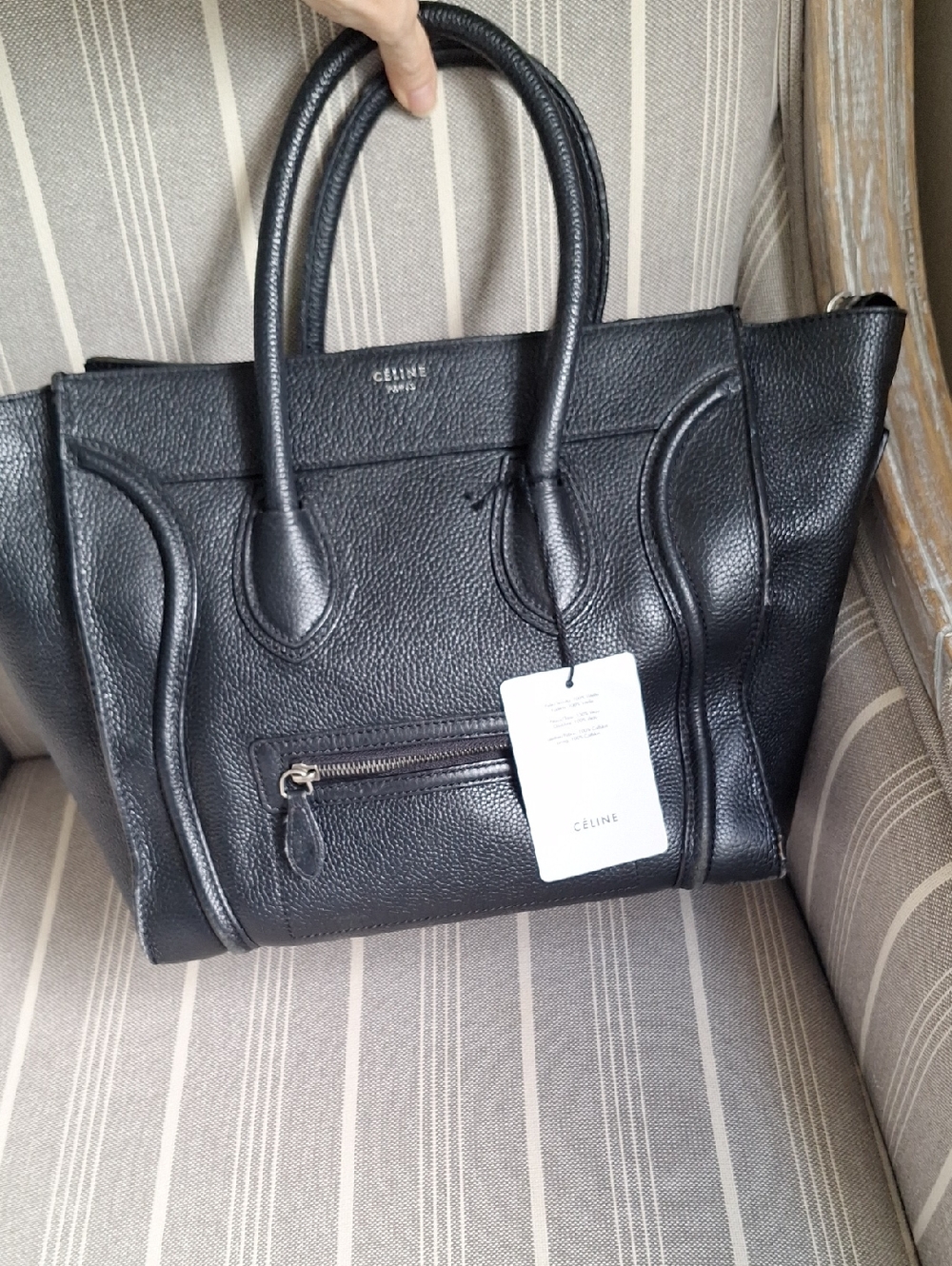 Black Pebbled Leather Tote with Front Zip Pocket